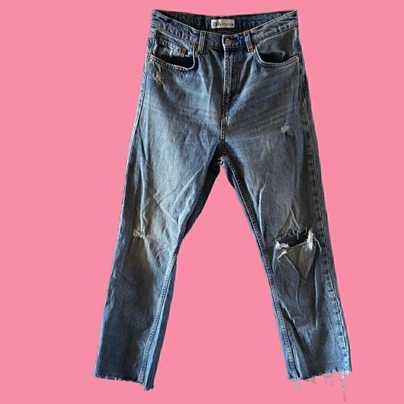 Zara The High Waist kick jeans size 6 blue distressed - Picture 2 of 9
